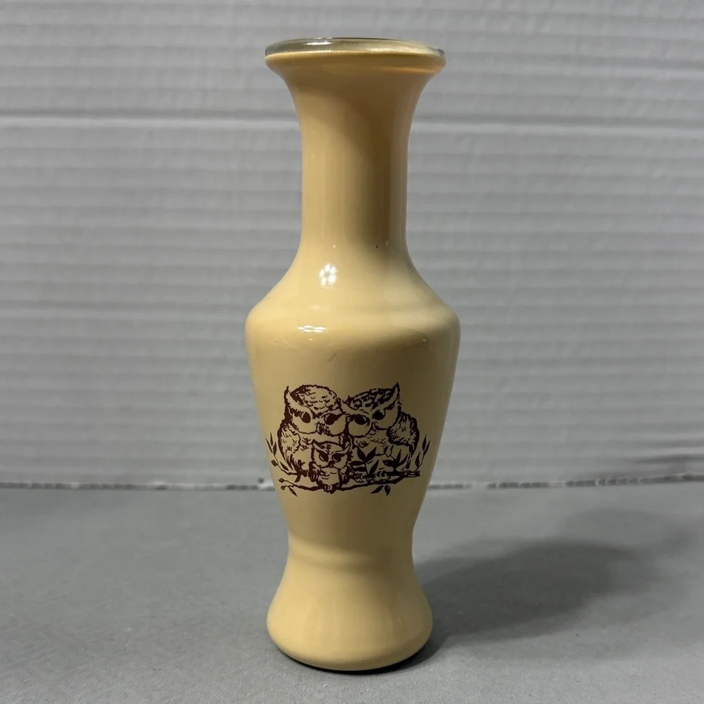 Vintage Tan Wheaton Mid Century Coated Glass Owl Design Both Sides Bud Vase